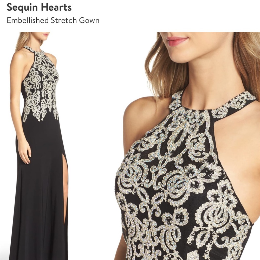 Sequin Hearts Embellished Black Gown